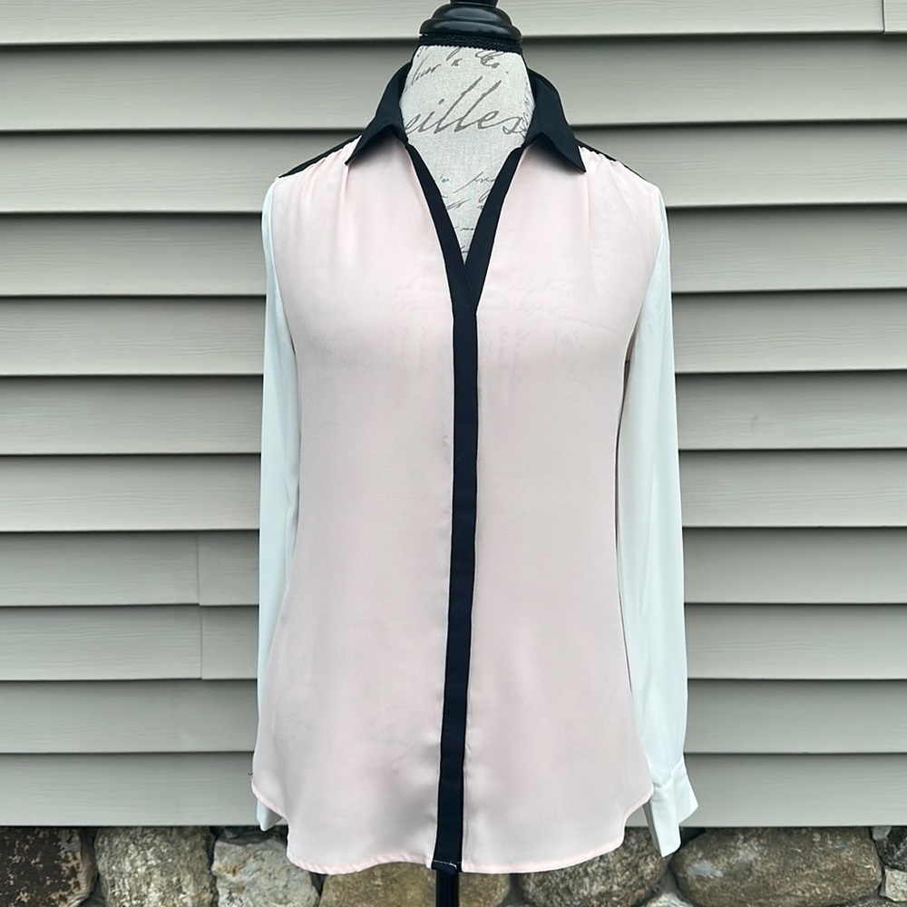 METAPHOR Blush, Ivory and Black Sheer V-Neck Button Down Blouse